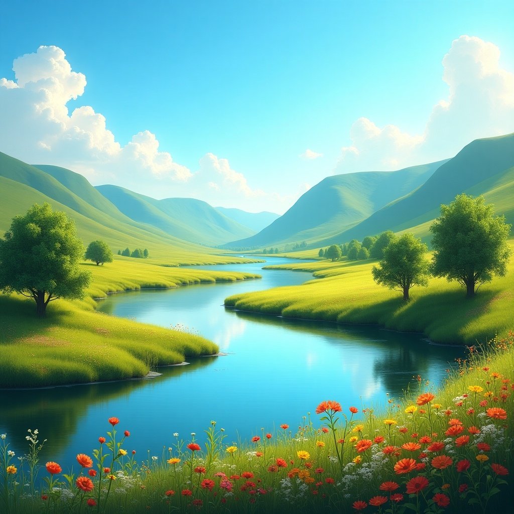 Beautiful natural landscape featuring a winding river surrounded by rolling green hills and vibrant flowers under a bright blue sky with fluffy clouds.