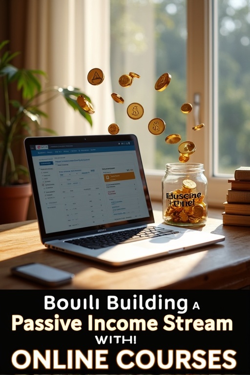 Sleek laptop on wooden desk displaying an online course dashboard. Golden coins cascading from screen into a glass jar labeled 'Passive Income'. Textbook icons, a microphone, and a camera lens floating mid-air. Soft natural light coming through a window.