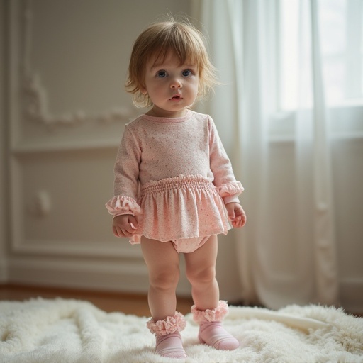 A small child in a stylish outfit with frilly socks. The girl has a slim build. Indoor setting with soft colors and warm light. Focus on the details of the outfit and the child's posture.