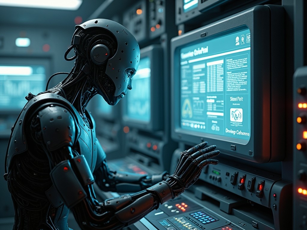 A cybernetic figure interacts with futuristic technology in a dimly lit room. The figure has a sleek, metallic design, showcasing intricate details in its joints and facial features. Multiple screens illuminate the dark surroundings with bright graphics and data. The atmosphere feels advanced and technological, emphasizing the interaction between man-made life and machines. This setting suggests a deep engagement in technological processes and the evolution of AI.