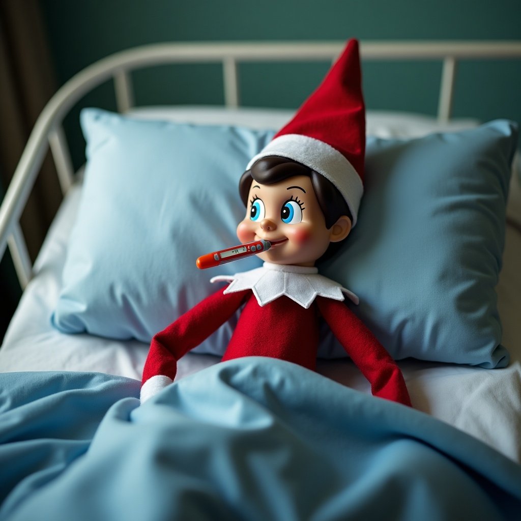 Elf on the shelf in a hospital bed at the North Pole. Thermometer in mouth. Soft lighting and cozy atmosphere. Fun festive elements present.