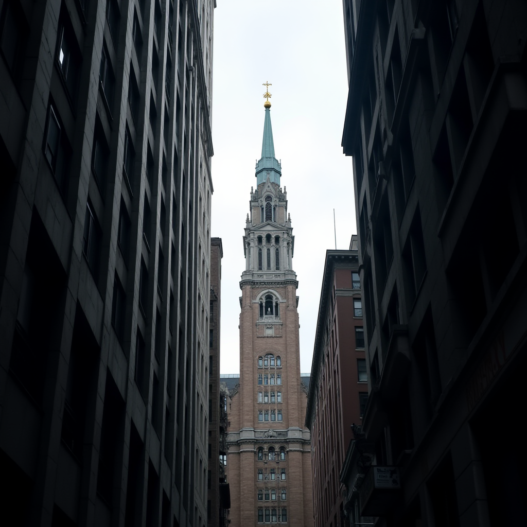 A tall, ornate tower with a spire and a cross stands prominently between dark city buildings.