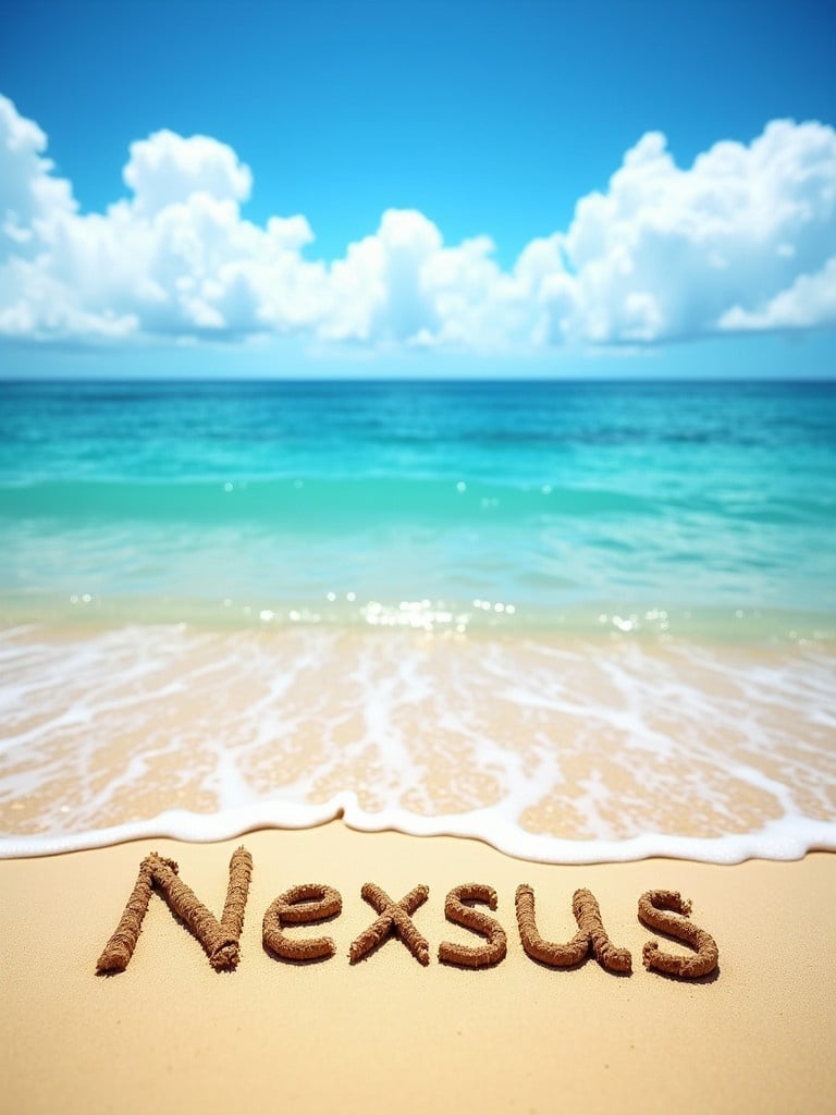 Beach scene on a sunny day with calm ocean waves. The word 'Nexsus' written in the sand. Bright blue sky with clouds creating a peaceful vibe. Evokes warmth and tranquility. Represents perfect beach leisure and fun.