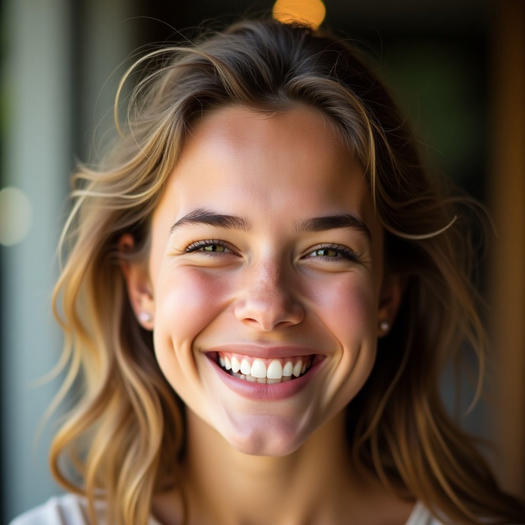 Portrait of a young woman smiling. She has a joyful expression with squinted eyes. Soft lighting enhances her natural beauty. Hair is tousled and frames her face. Background is blurred to emphasize her smile.