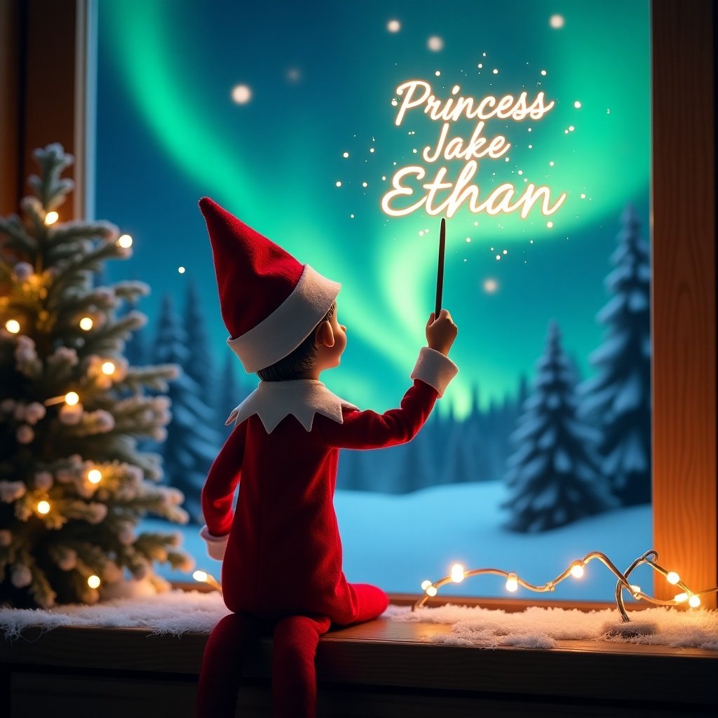 This enchanting Christmas scene features an elf on the shelf, with his back to the viewer, gazing at the sky. Dressed in vibrant red and white, the elf wields a magic wand. With this wand, he is writing the names 'Princess', 'Jake', and 'Ethan' in glowing script above him. The backdrop is a breathtaking display of the northern lights, casting a magical glow over the entire scene. A Christmas tree adorned with lights adds to the festive atmosphere. The elf's captivating posture and action bring about a sense of wonder, embodying the joy and excitement of the holiday season.