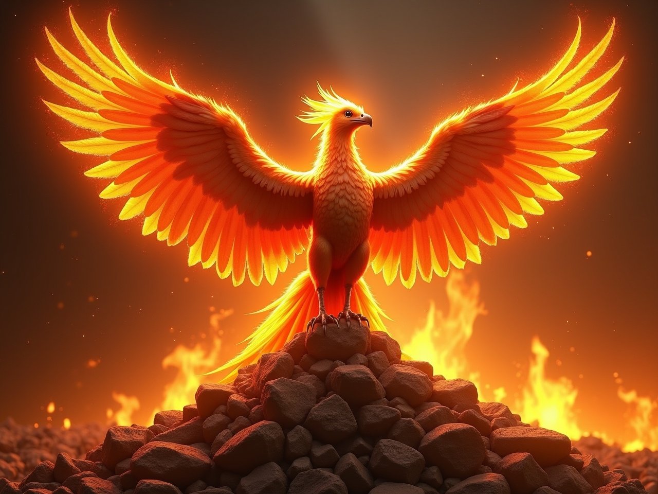 A majestic Phoenix rises from a pile of rocks, wings outstretched in vibrant hues of orange and red. Flames engulf the background, giving the impression of the creature emerging from fire. The feathers shimmer with golden highlights, capturing the essence of a magical being. Its eyes blaze with intensity, embodying strength and resilience. The composition evokes a sense of triumph and renewal.