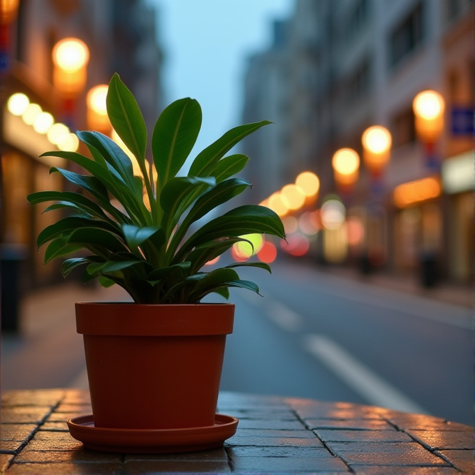 A potted plant sits on a cobblestone path set against a softly glowing city street, with warmly lit buildings and blurred evening lights creating a tranquil urban atmosphere.