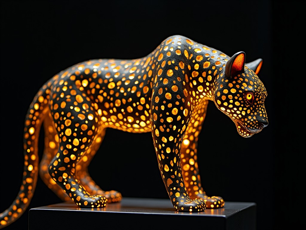 The image features a striking illuminated leopard sculpture resting on a black pedestal. Its body is covered in vibrant orange spots that glow against the dark backdrop, creating a stunning visual contrast. The leopard is captured in a dynamic pose, showcasing its detailed features and artistic craftsmanship. The internal lighting gives it a surreal quality, enhancing its presence. This piece serves as both a statement art piece and a captivating lighting element.