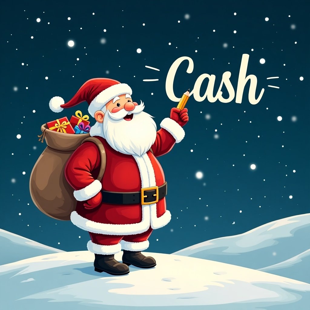 Santa Claus stands on snowy hill under starry night. He wears red and white. A large sack of gifts is on his back. He writes names in the sky. The name 'Cash' is displayed in a whimsical font.