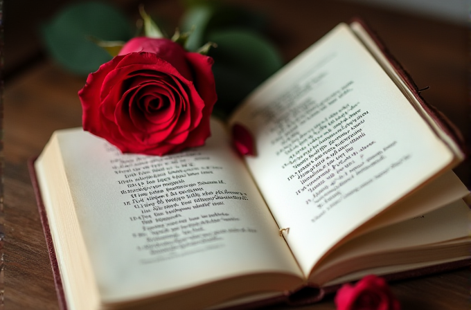 An open book with a vibrant red rose resting on its pages, conveying a message of romance and literary beauty.