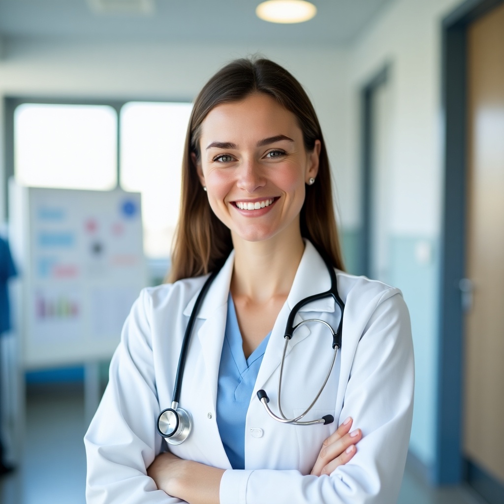 The image portrays a confident female doctor standing with crossed arms. She is wearing a white lab coat over light blue scrubs and has a stethoscope around her neck. The background features a hospital setting, implying professionalism and care. The doctor is smiling warmly, projecting an approachable demeanor. The image conveys a sense of trust and competence in the healthcare field.