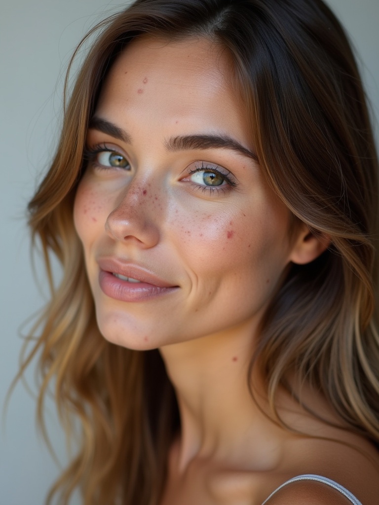 Portrait of a woman with her face tilted. Hair falls gently around her shoulders. Freckles visible along her cheeks. Soft studio lighting enhances her features. Looks natural and realistic.