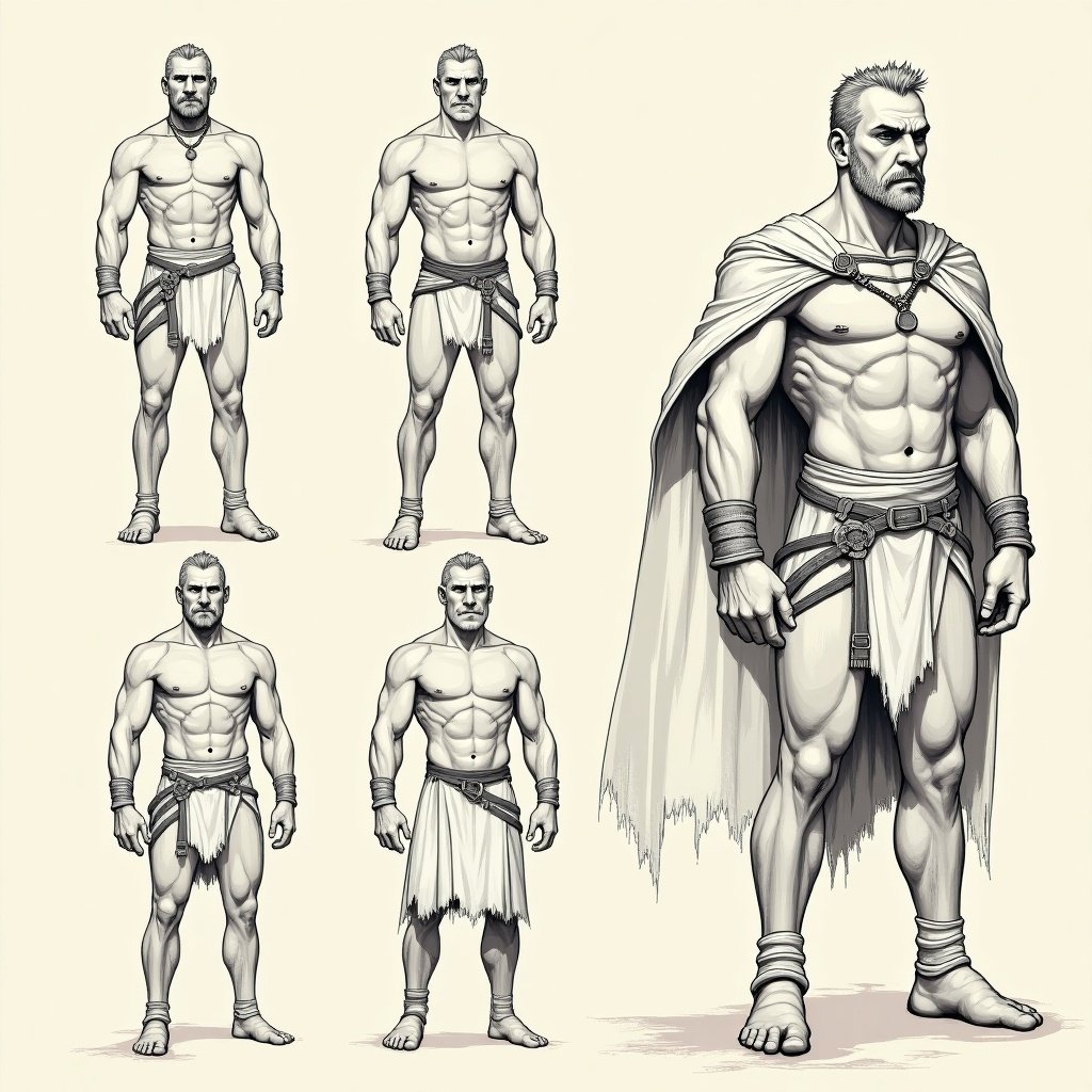 Character turnaround sheet showing a young warrior man in various poses and angles. This includes front, side, and back views. Focusing on muscular physique and outfit details. Warrior is depicted with a serious expression and a cape.