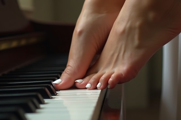 A woman's feet with white toenail polish positioned over piano keys. Side view captured to focus on the elegant connection between the feet and piano. Hands are not visible.