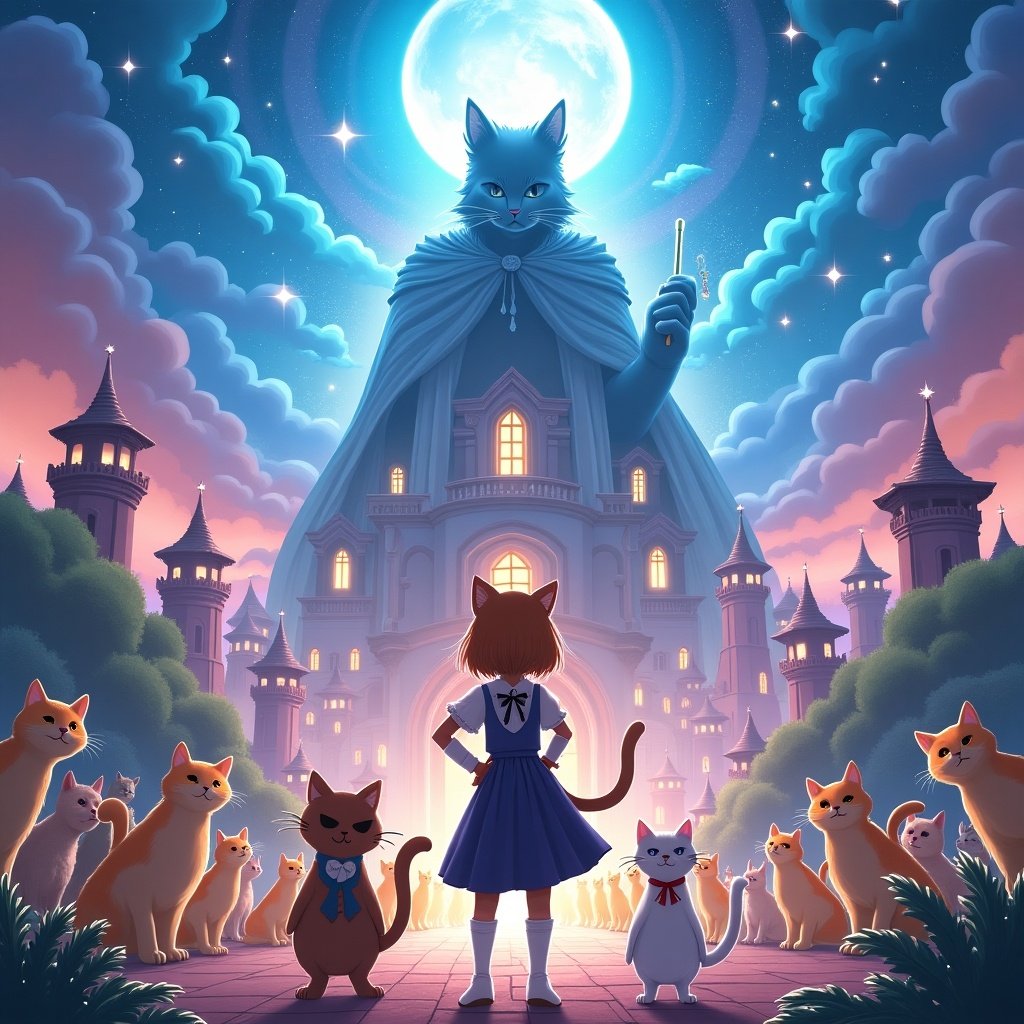 Front cover illustration showing vibrant cat kingdom with whimsical palace. Haru half-transformed into a cat standing bravely in foreground glowing. Baron and Thiefy beside her with a menacing Cat King silhouette above. Cats in elegant attire marching toward Haru in a sparkling parade.