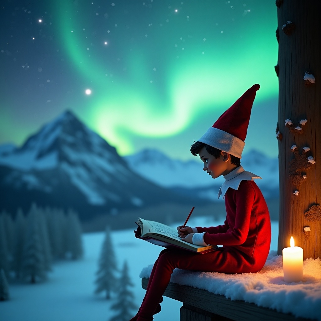 The image depicts a charming elf dressed in a traditional red and white outfit sitting on a snowy ledge. The elf is intently writing in a book, adding a whimsical touch to the scene. In the background, breathtaking mountains are illuminated by the mesmerizing northern lights in the night sky. The soft glow of a candle nearby enhances the magical feel of the image. This enchanting Christmas scene invites viewers to embrace the spirit of the holidays.