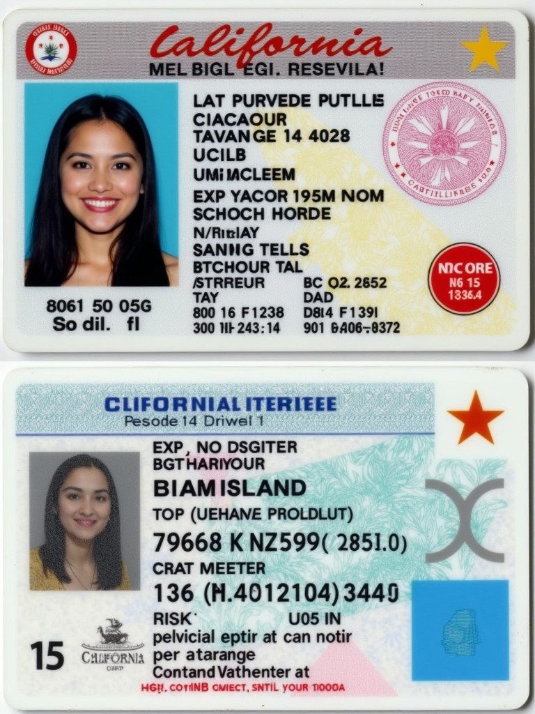 California driver license showing personal details. Includes name, address, date of birth. Features including height, weight, sex. Contains security elements like holographic images. Validity until October 16 2028. Issued on December 15 2023.