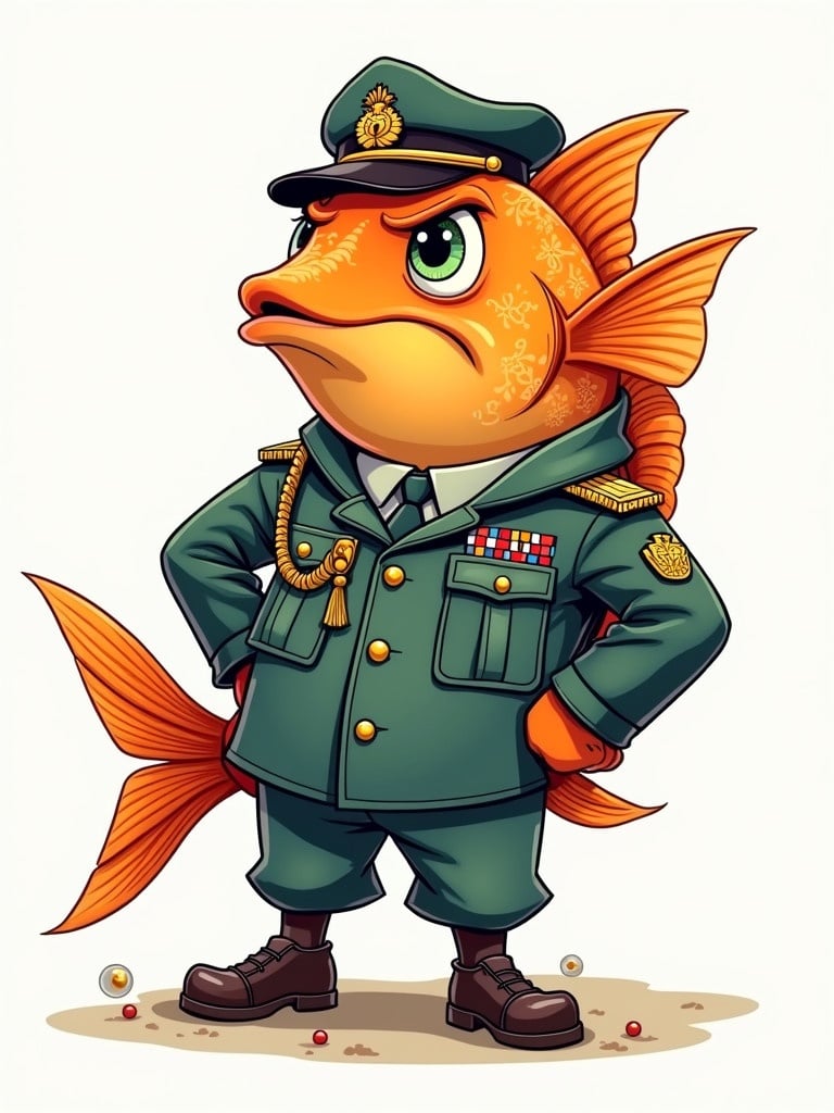 Cartoon army fish character in military uniform. Fish has a grumpy expression. Bright colors and playful design.