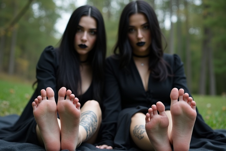 Image shows two mature goth women with long black hair and black lips. They sit on a blanket outside with tattooed soles of their bare feet visible.