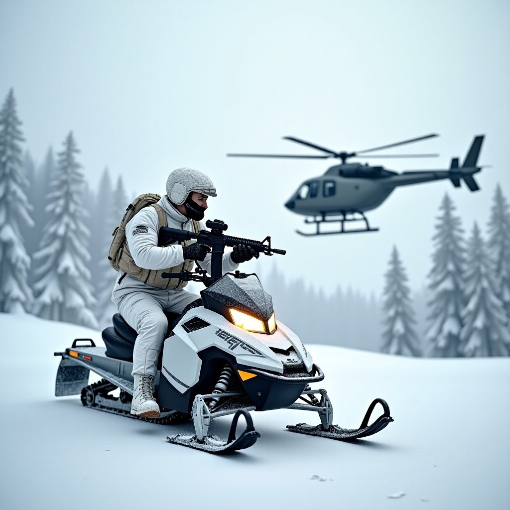 A man in white camo and tactical gear rides a snowmobile. He points an M4 rifle at a hovering helicopter. The background shows a snowy mountain landscape. The overall tone looks realistic.