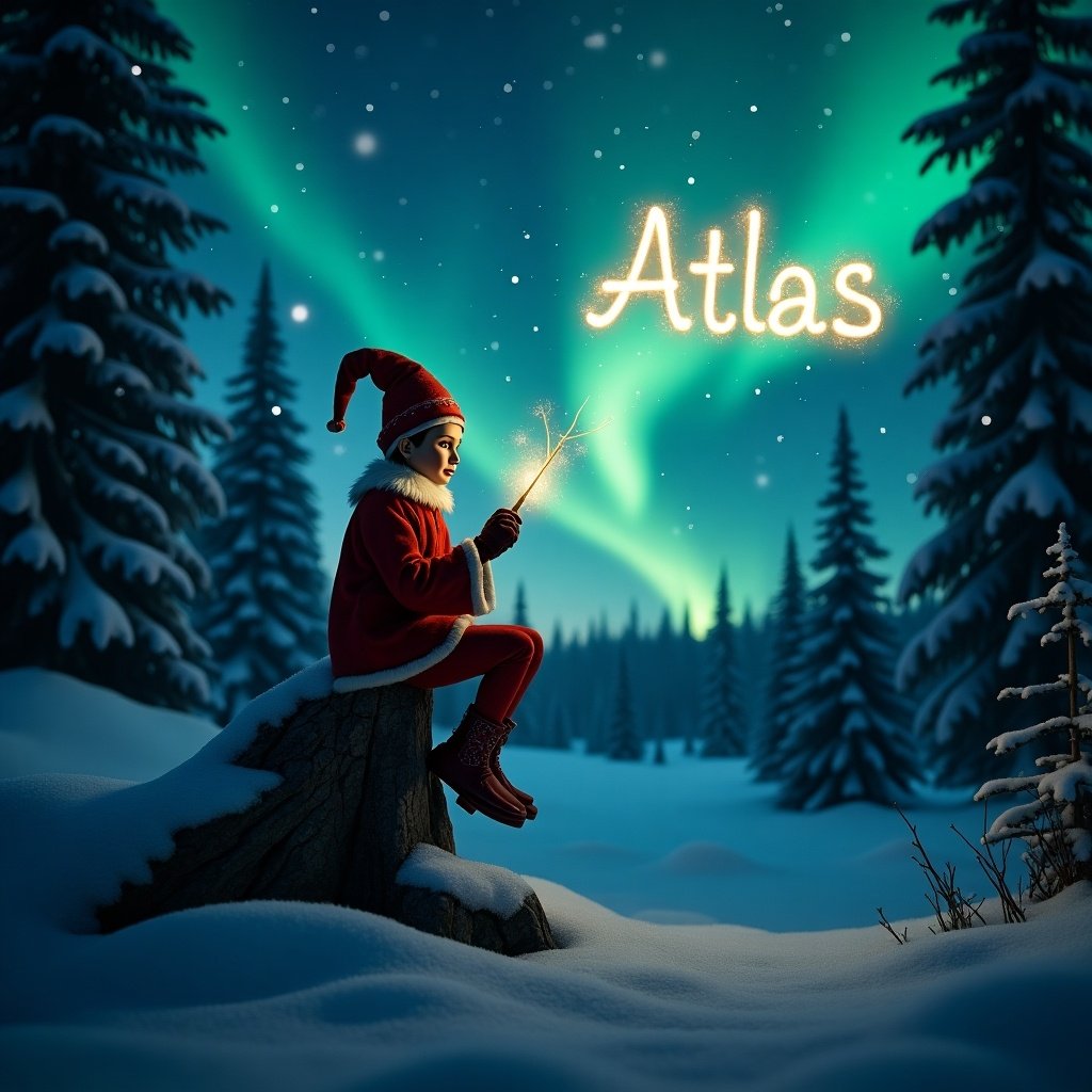 Elf in forest wearing red and white sitting on log. Elf holds glowstick wand. Night sky has a glowing text 'Atlas'. Northern lights visible in the background.