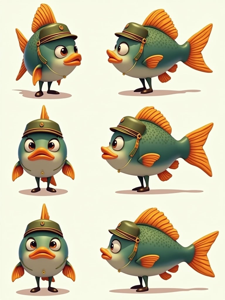 Different angles of an army fish character. Fish looks colorful and comical. Fish has a playful expression and wears a helmet. Display various perspectives of the fish with attention to detail.