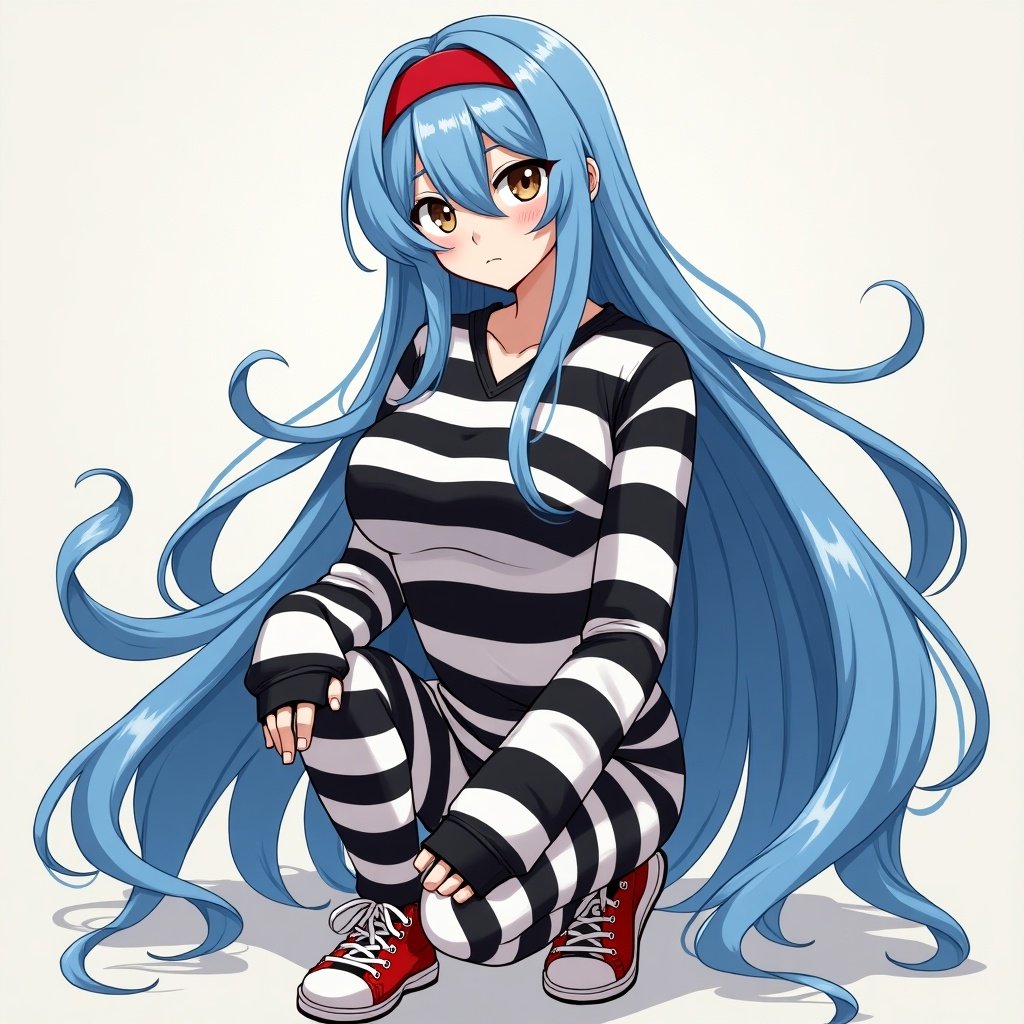 Female character with long blue hair wearing sneakers and a black striped prison outfit. She has brown eyes and a red hairband. Sitting posture with a slightly serious expression.