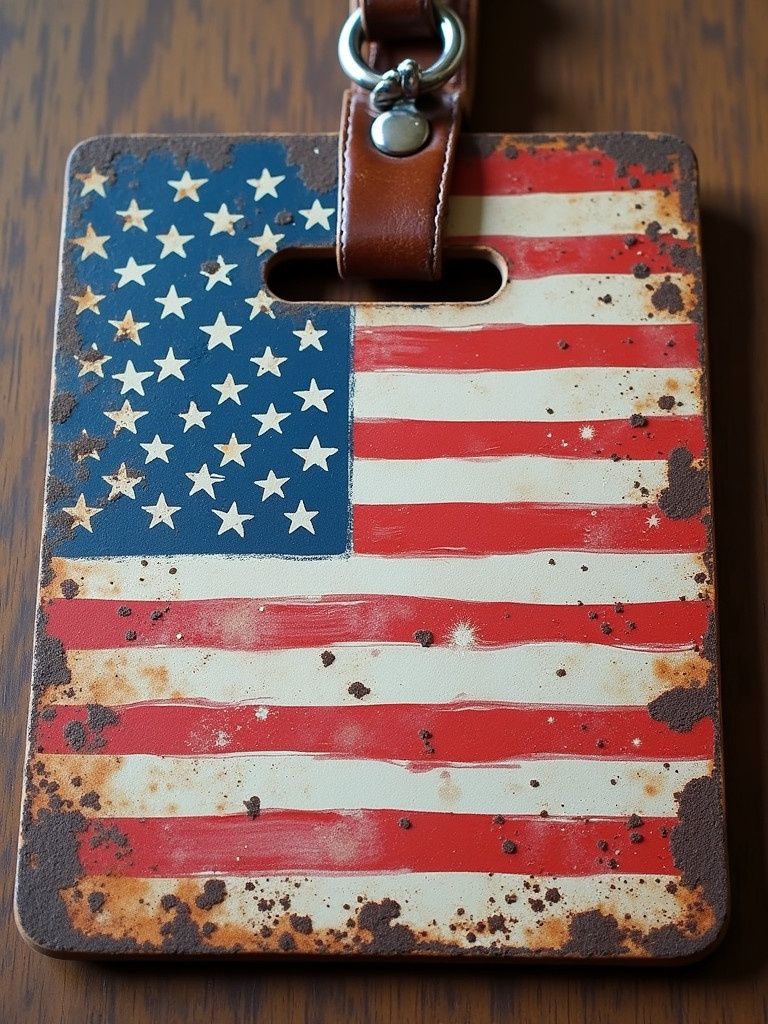 A novelty ID card features an American flag design with fictional details. The card shows a faded rustic version of the flag. It's decorated with a leather strap for attachment. The background is a wooden table emphasizing the card's details.