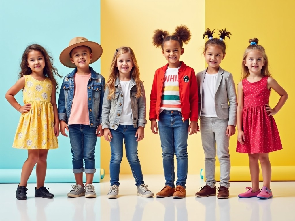 This image showcases a group of six children confidently modeling a range of trendy outfits that appeal to a young audience. Each child presents unique clothing items, including denim jackets, colorful cardigans, and vibrant dresses. The scene is bright and cheerful, featuring a playful color palette with blue, yellow, and pink backgrounds. The children's poses reflect confidence and joy, inspiring both kids and parents in their fashion choices. Designed for a magazine layout, the visual aims to captivate viewers and highlight stylish, trendy attire for children.