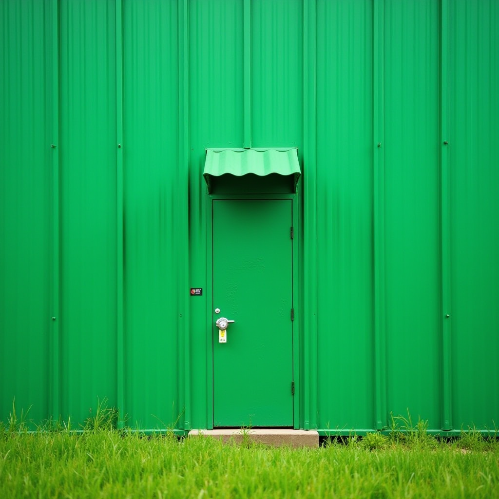 A green metal building facade with a matching green door and awning, set against a grassy foreground.