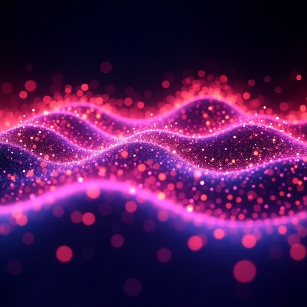 This image showcases a vibrant and abstract scene characterized by luminous pink and purple waves. These waves are built from glowing dots, creating a sense of movement and energy. The dark background enhances the brightness of the colors, making them pop. The flowing nature of the waves suggests rhythm and sound, evoking feelings of creativity. This artwork can be used in various digital projects or as a striking visual in marketing materials.