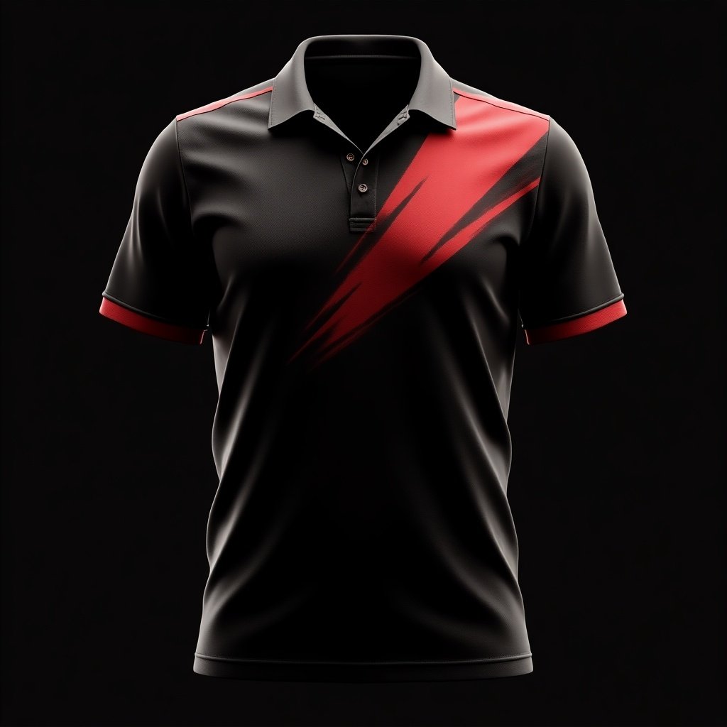 Design a cricket jersey focusing on a black theme with red accents. Create a sleek modern silhouette emphasizing sportiness. Highlight the jersey structure with a dynamic color contrast.