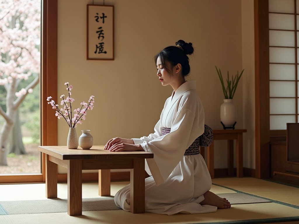 The image depicts a serene room where a woman in traditional attire sits gracefully. She is positioned on a tatami mat, engaging in what appears to be a meditative or reflective moment at a low wooden table adorned with a vase of cherry blossoms. The soft lighting accentuates the calm and composed atmosphere of the room, enhanced by the view of a blooming cherry tree outside.