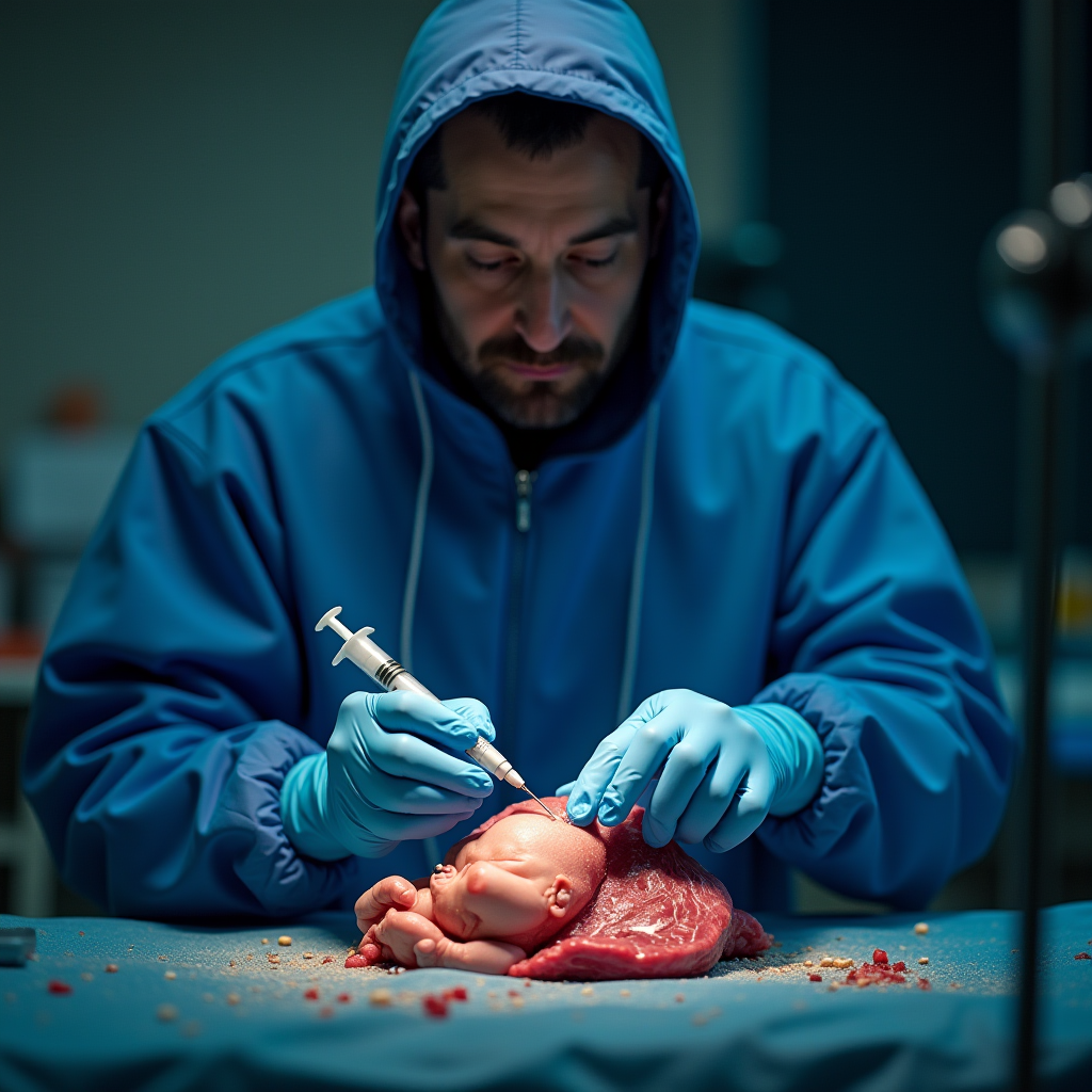 A surreal depiction of a hooded figure injecting a synthetic baby with a syringe on a surgical table.