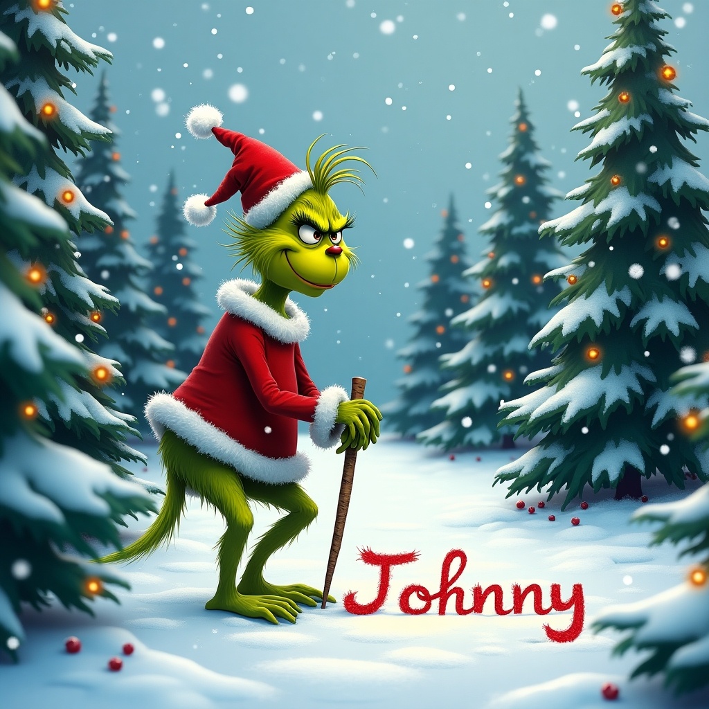 Grinch outside during winter season. Surrounded by Christmas trees. Grinch writing 'Johnny' in snow.