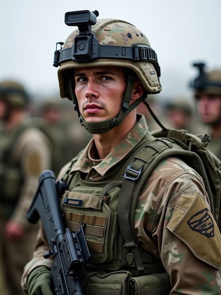 Soldier in military uniform with a tactical helmet and gear. Camouflage pattern clearly visible. Background includes other soldiers standing in formation. Focus on military equipment and the style of the uniform.