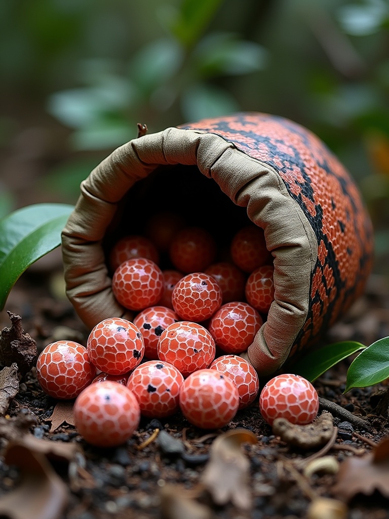 Hyper-realistic round marbles with coral cobra skin texture spill out of a worn sack made of natural snakeskin scraps on the forest floor. Scene evokes the Amazon jungle atmosphere.