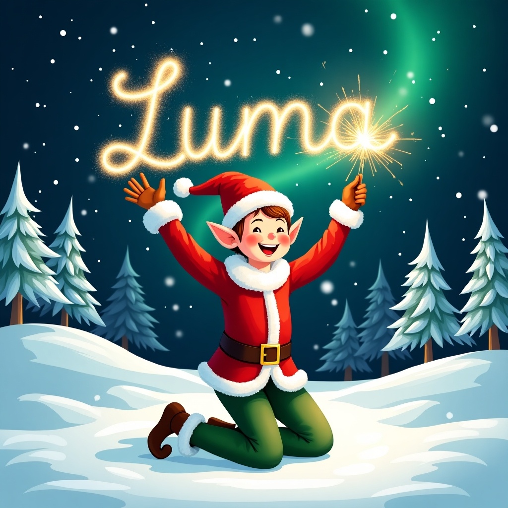 A cheerful elf wearing a classic red and green outfit is kneeling in a snowy landscape. The elf is joyfully writing the name 'Luna' in sparkling text across the night sky with a sparkler. Behind the elf, snow-covered trees create a festive backdrop. The night sky is illuminated with hints of northern lights, adding a magical feel to the scene. The art style is bright, colorful, and whimsical, perfect for a holiday theme.