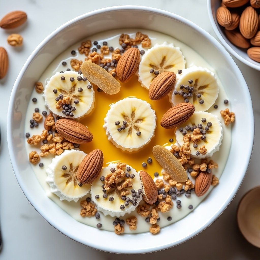 A yogurt bowl filled with layers of granola, almonds, banana slices, and chia seeds. The dish is visually appealing and colorful, showcasing a healthy preparation. The atmosphere is bright and fresh.