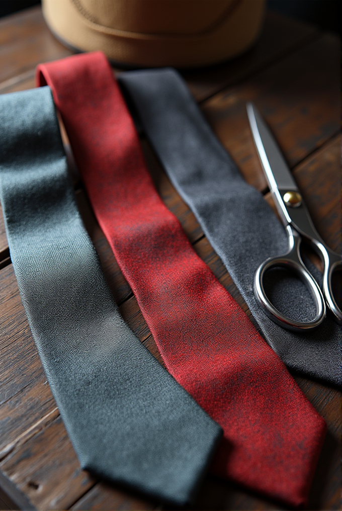 Three ties in shades of gray and red, along with silver scissors, rest on a wooden table.