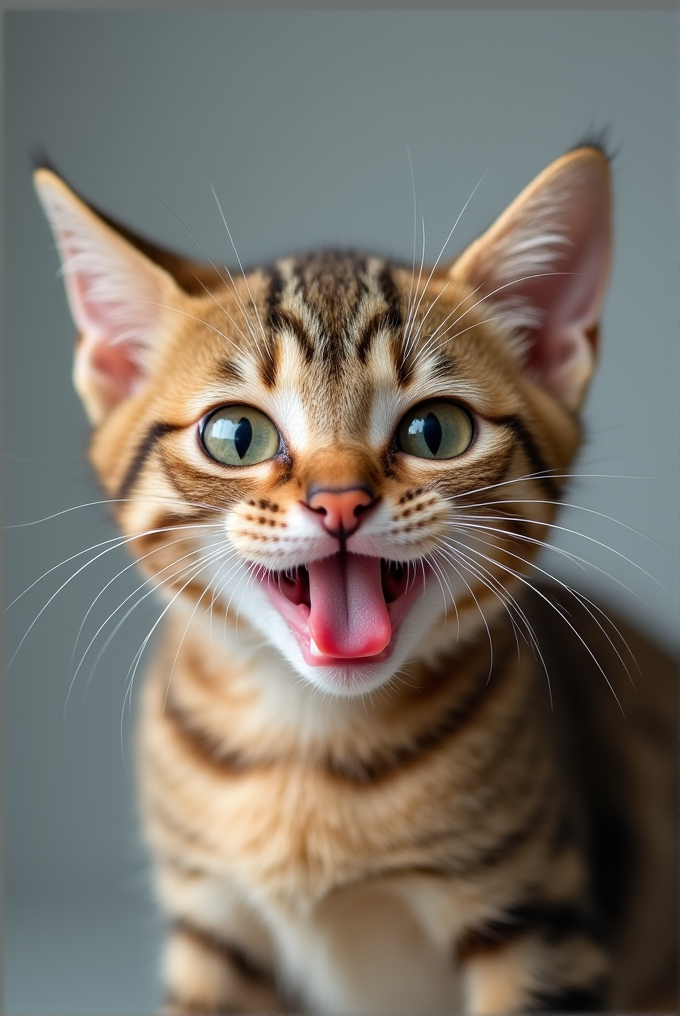 A playful kitten with wide eyes and a pink tongue sticking out.