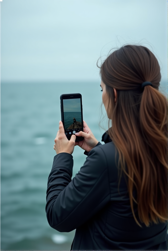 A person with long hair takes a photo of the sea using a smartphone.