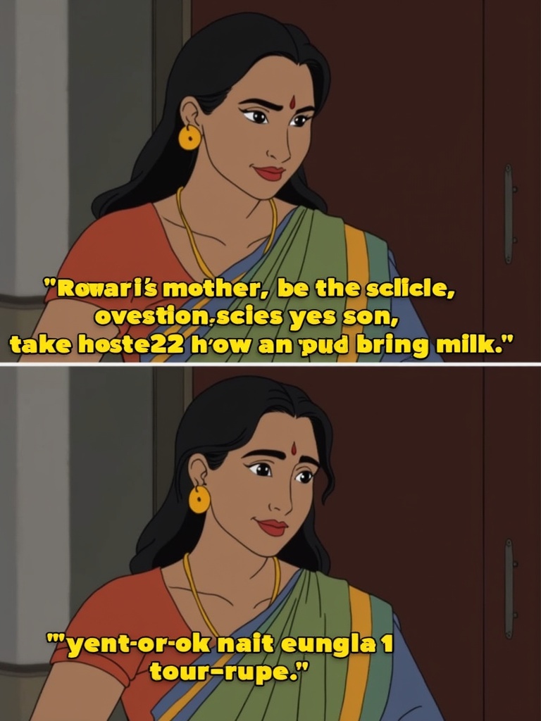 Ravi's mother interacts with her son. A domestic scene occurs with handing money. A cartoonish artwork displays dialogue about buying milk.