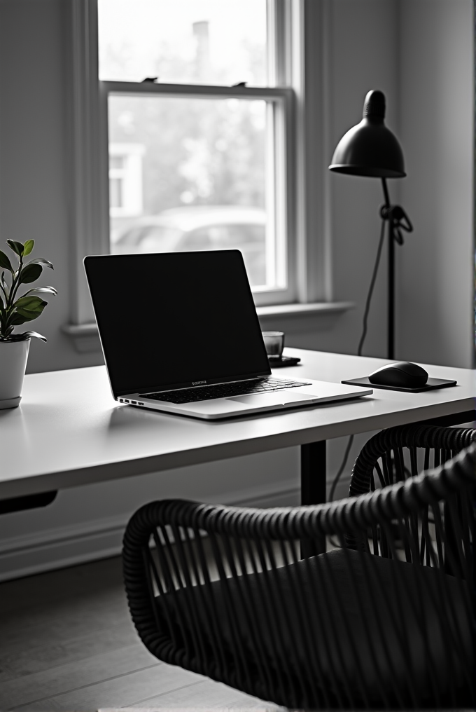 A minimalistic black-and-white workspace with a laptop, chair, and plant by the window.