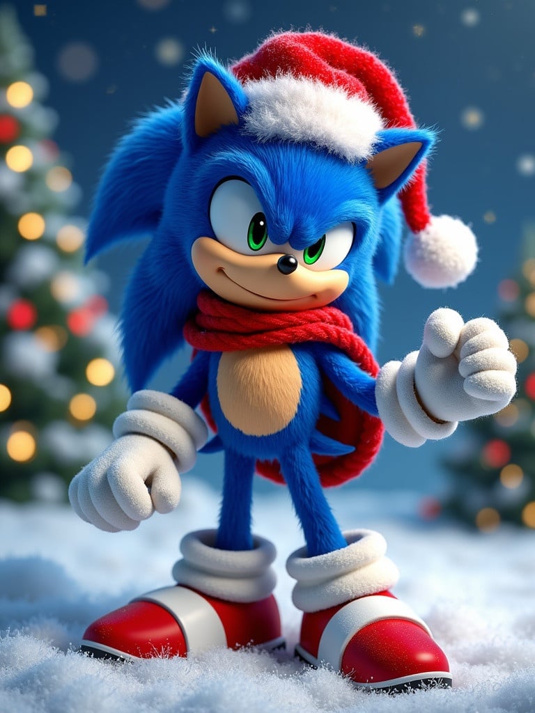 Sonic the Hedgehog dressed for Christmas. Sonic has a Santa hat and a scarf. He stands against a snowy background with Christmas trees. The character looks playful and festive.