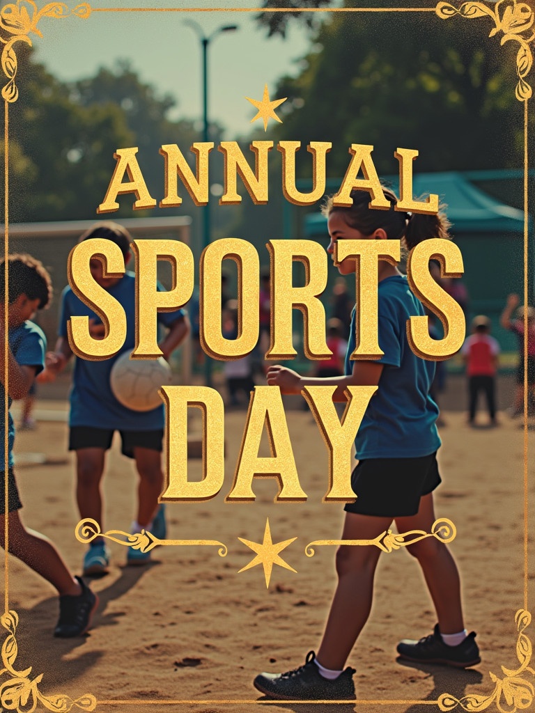 Vintage style invitation card features bold text 'Annual Sports Day'. Background shows children engaged in sports on a playground. Warm natural lighting enhances the vintage look. Designed to invite attendees for a fun day of activities and games.