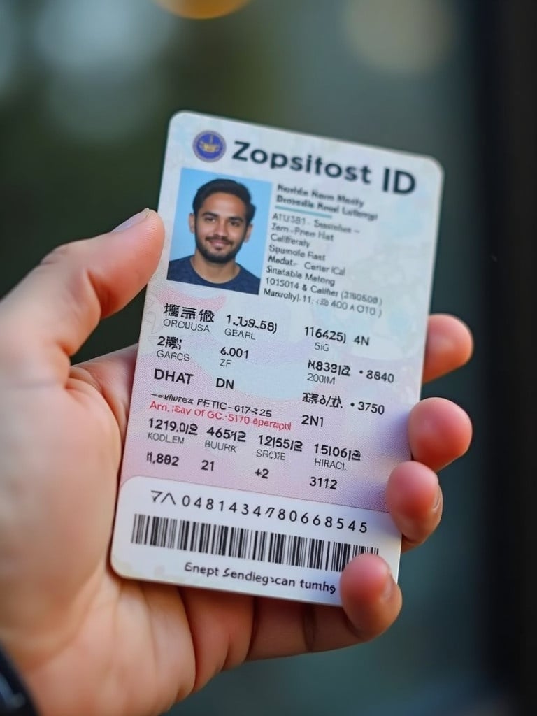 A hand holding an ID card. The card displays various personal details for identification. The card includes a government seal and identification number. Focused composition with a blurred background.