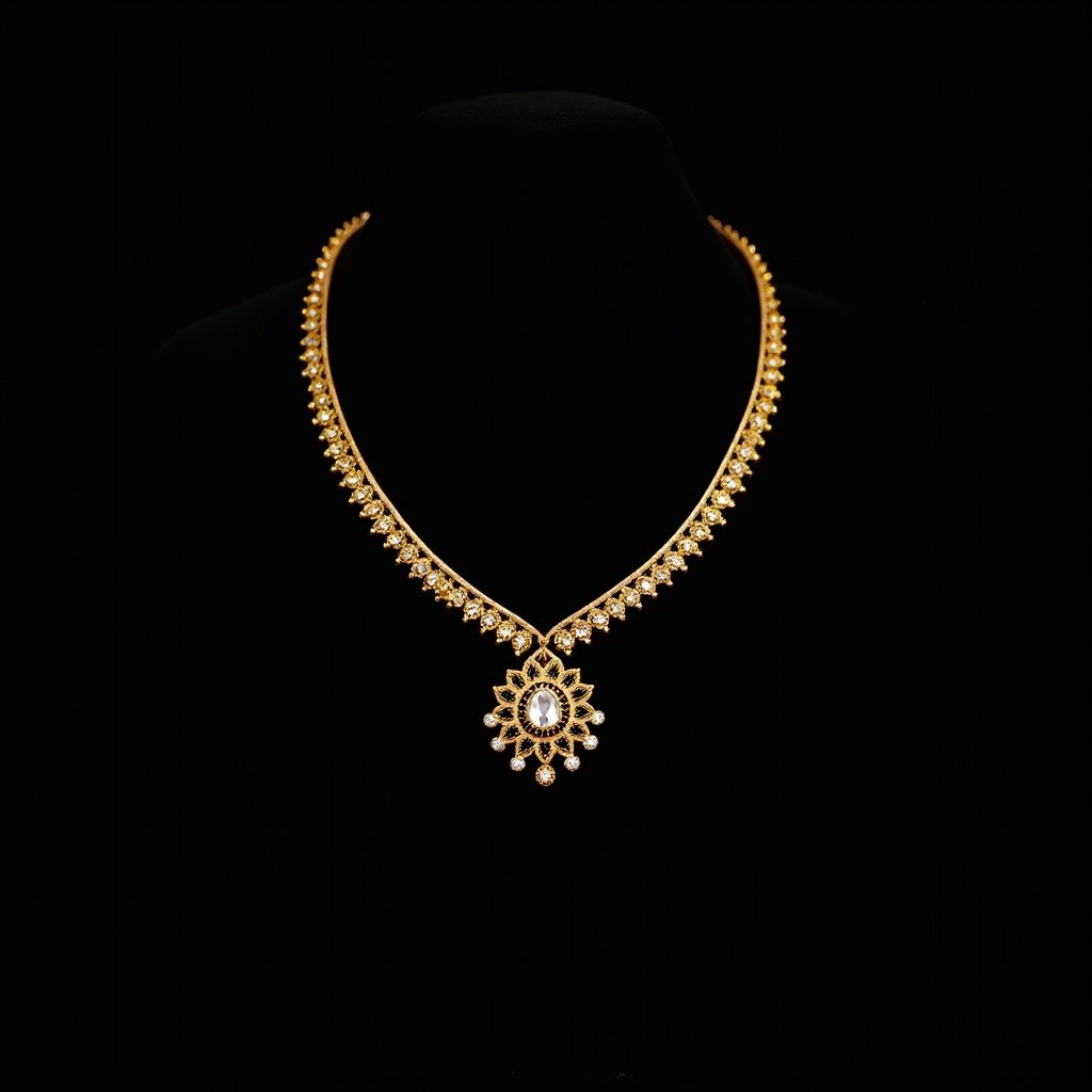 A luxurious gold necklace with a diamond studded pendant displayed on a black background