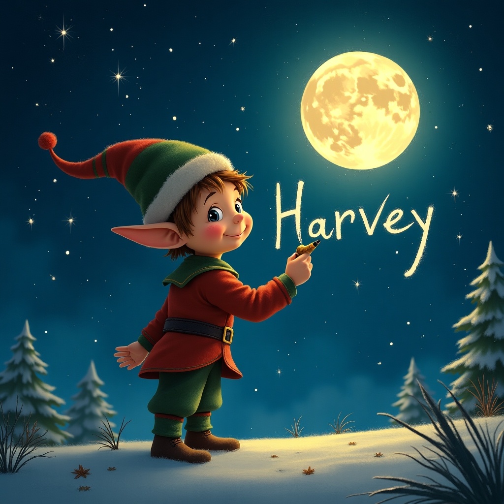 The image features a cheerful elf named Harvey, wearing a red and green outfit and a pointy hat. He is joyfully writing his name in the air, illuminated by the warm light of a full moon. The background displays a cozy night sky dotted with stars, along with snowy trees that enhance the winter atmosphere. The scene evokes a sense of magic and whimsy, perfect for the holiday season. It conveys a friendly and festive spirit, ideal for children's stories or holiday art.