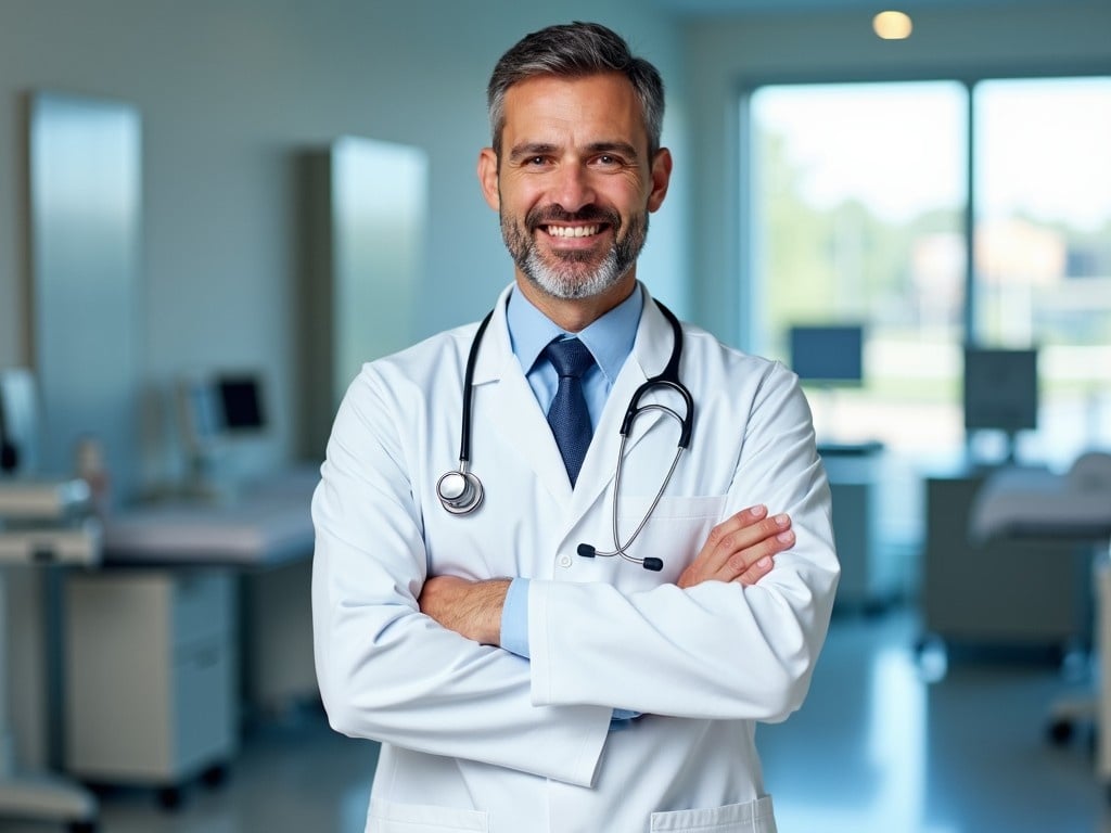 A confident doctor stands in a modern medical clinic. He is wearing a white coat and has a stethoscope around his neck. The doctor has a friendly smile and appears approachable. The background features clinical equipment and bright windows, creating a welcoming environment. This image embodies professionalism and care in healthcare settings.